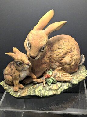 Vintage Homco Masterpiece Porcelain Mother & Baby Rabbit Figurine Hand-Painted